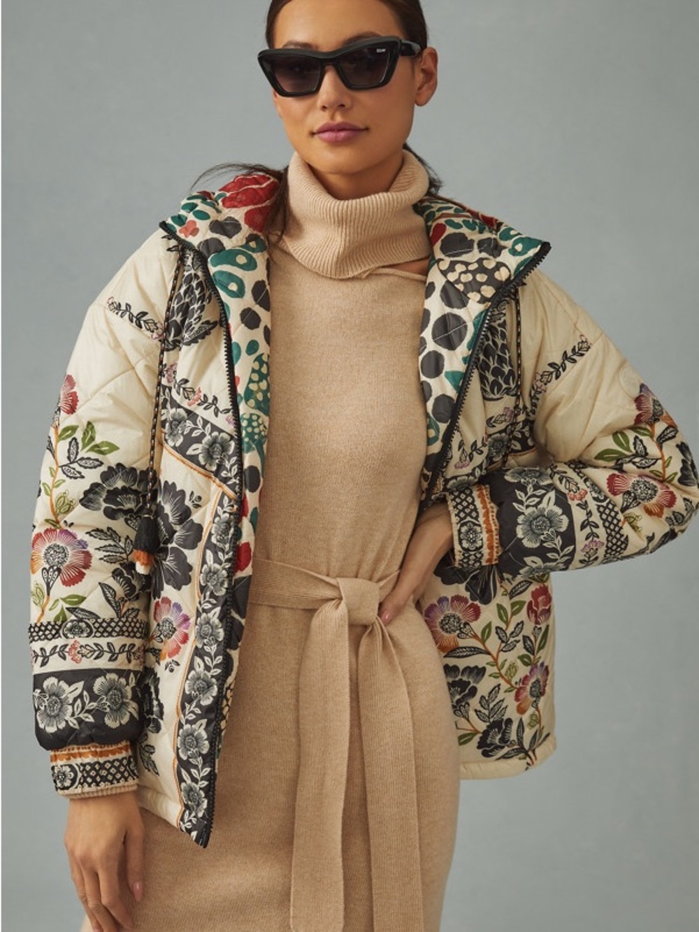 Farm Rio Romantic Garden Puffer Jacket. Reversible